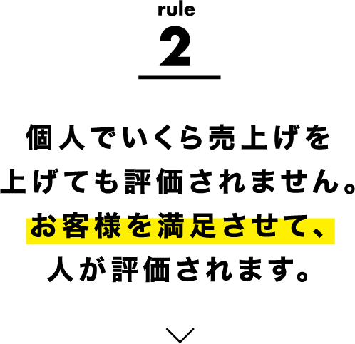 rule2 個人でいくら売上げをげても評価されません。お客様を満足させて、人が評価されます。